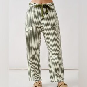 Green and White Striped Pants with Drawstring